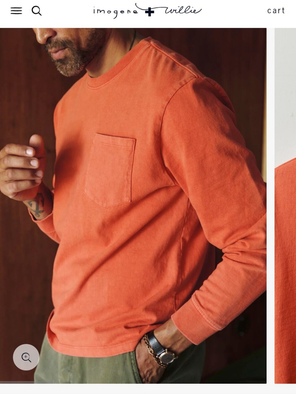 imogene + willie long sleeve pocket tee in faded orange- S